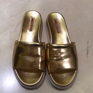 Leather Prada Gold Slides